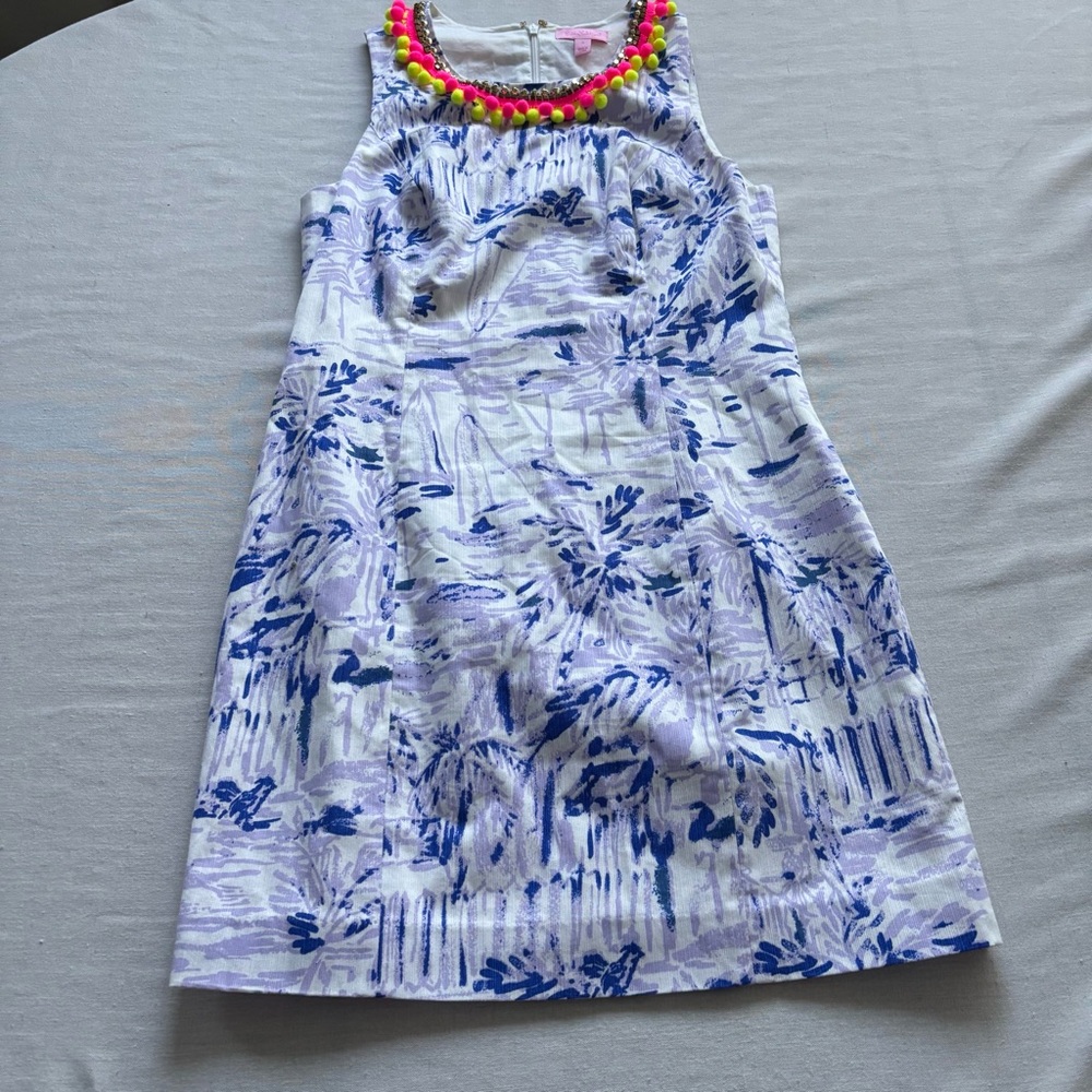 Sleeveless Blue & White Printed Shift Dress with Beaded Neckline - Picture 2 of 10